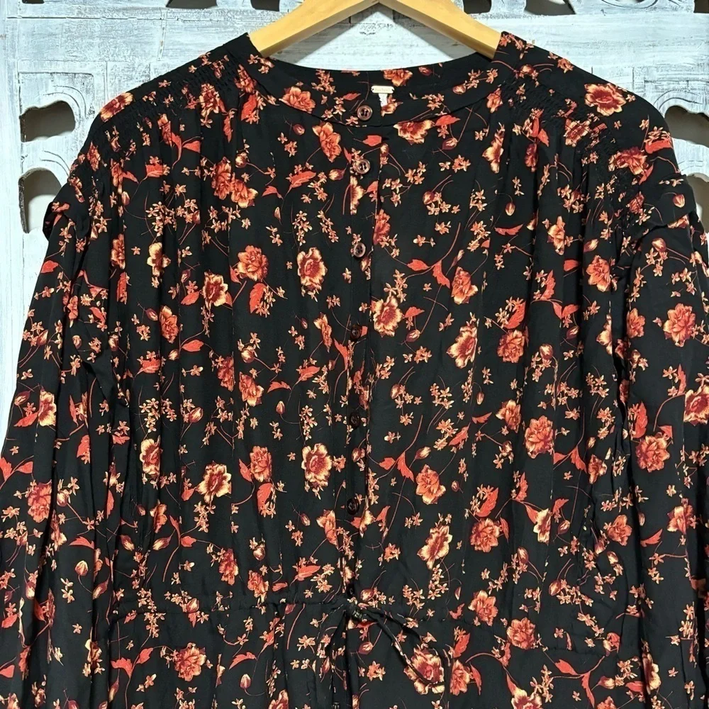 NEW Free People Flower Fields Long Sleeve orange/Black Boho Flowy Mini Dress